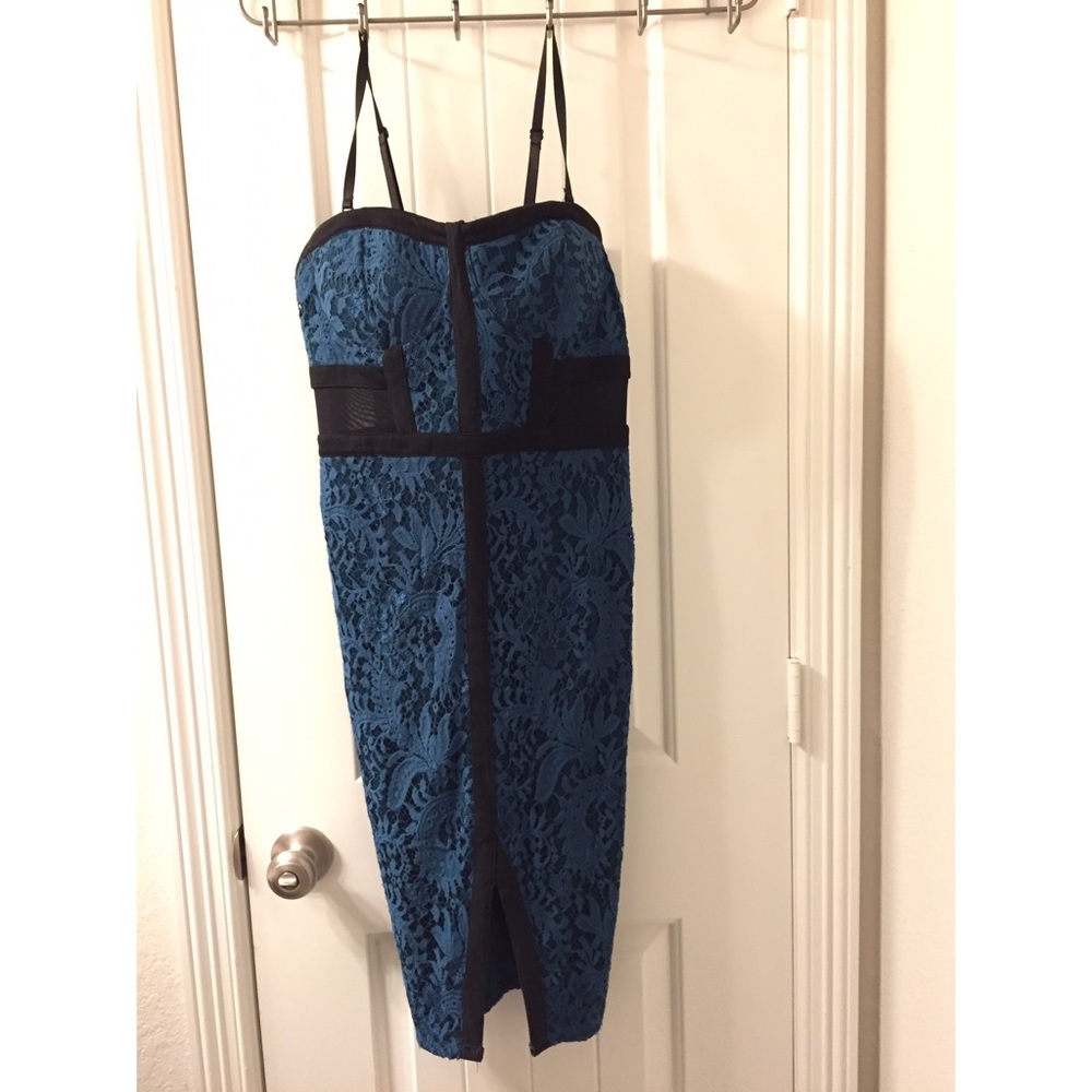 Green lace strapless pencil dress